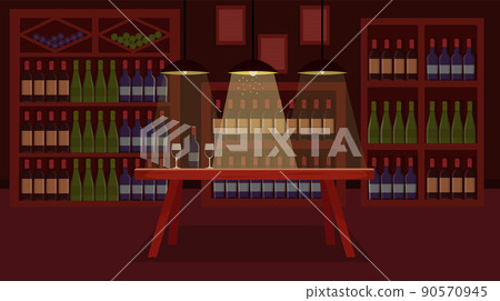Wine cellar with alcohol cabinets. Wine shop. Wine bottle with glasses on a wooden table. Sommelier party 90570945