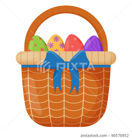Wicker basket. Wicker basket with Easter eggs for Easter. Wooden accessory for storage or carrying Wicker basket. Wicker basket with Easter eggs for Easter. Wooden accessory for storage or carrying 90570952