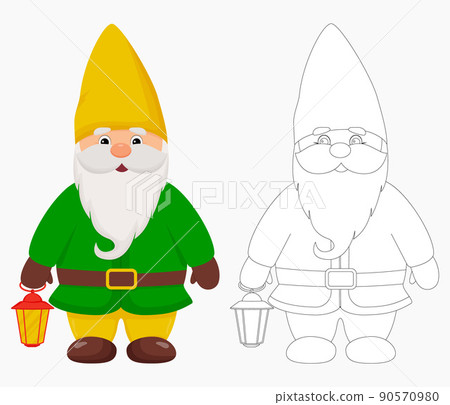 Cute garden gnome with a lantern in his hands. Gnome in color and outline. 90570980