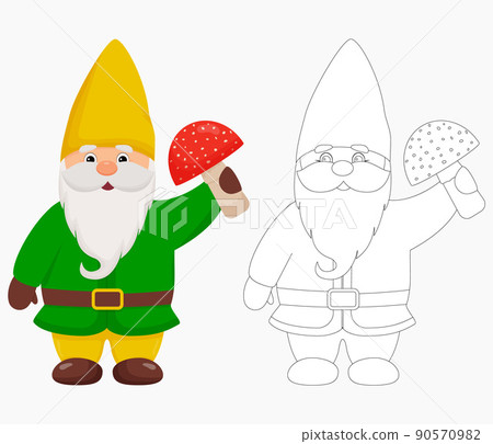 Cute garden gnome with a mushroom in his hands. Gnome in color and outline. Cute garden gnome with a mushroom in his hands. Gnome in color and outline. 90570982