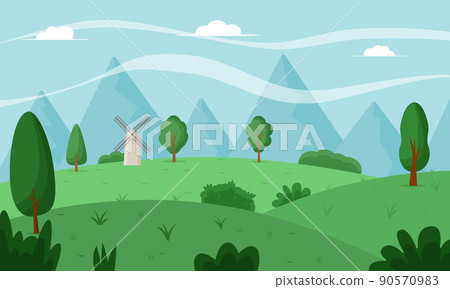 Spring landscape with trees, mountains, windmill, fields. Flat vector illustration Spring landscape with trees, mountains, windmill, fields. Flat vector illustration 90570983