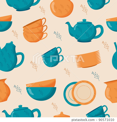 Ceramic kitchenware seamless pattern. Cute handmade ceramic plates, mugs, sugar bowl, teapots, dishes. Kitchen tools, pottery 90571010