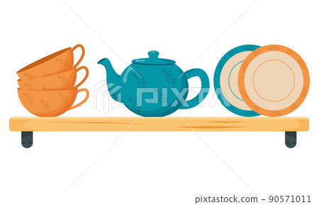Set ceramic kitchenware. Cute handmade ceramic plates, mugs, sugar bowl, teapots, dishes. Kitchen tools, pottery. Flat vector illustration Set ceramic kitchenware. Cute handmade ceramic plates, mugs, sugar bowl, teapots, dishes. Kitchen tools, pottery. Flat vector illustration 90571011