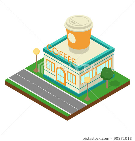 Modern isometric building. Coffee shop. Isometric icon or inforgraphic element. Flat vector illustration Modern isometric building. Coffee shop. Isometric icon or inforgraphic element. Flat vector illustration 90571018