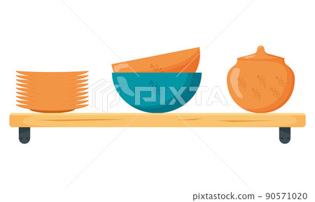 Set ceramic kitchenware. Cute handmade ceramic plates, mugs, sugar bowl, teapots, dishes. Kitchen tools, pottery. Flat vector illustration 90571020