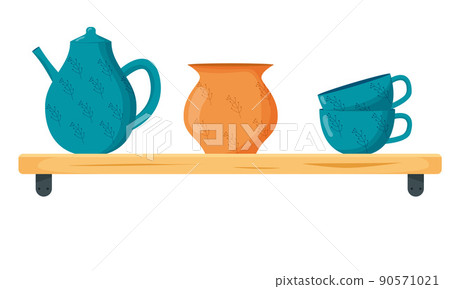 Set ceramic kitchenware. Cute handmade ceramic plates, mugs, sugar bowl, teapots, dishes. Kitchen tools, pottery. Flat vector illustration 90571021