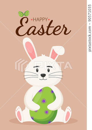 Cute Easter bunny with an Easter egg in its paws. Easter concept. Happy Easter banners, greeting cards, posters, holiday covers. Cute Easter bunny with an Easter egg in its paws. Easter concept. Happy Easter banners, greeting cards, posters, holiday covers. 90571035