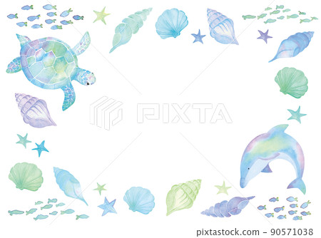 淡色海龜和海豚水彩框架 90571038