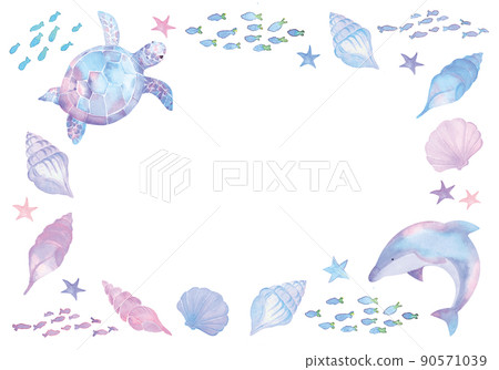 Watercolor frame of pastel sea turtles and dolphins 90571039