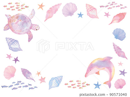 淡色海龜和海豚水彩框架 90571040