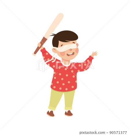 Little Boy with Wooden Stick Ready to Hit Pinata at Birthday Party Vector Illustration Little Boy with Wooden Stick Ready to Hit Pinata at Birthday Party Vector Illustration 90571377