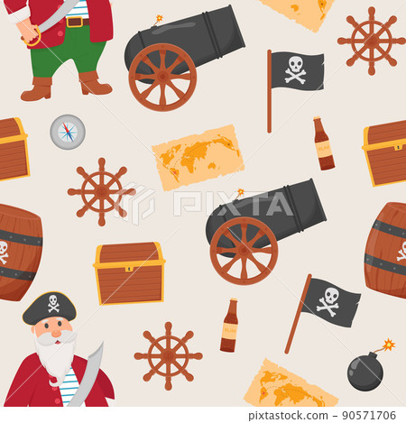 Bundle pirate seamless pattern. Bundle pirate, treasure map, rum, ship wheel, anchor, barrel, bomb 90571706