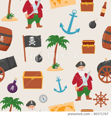 Bundle pirate seamless pattern. Bundle pirate, treasure map, rum, ship wheel, anchor, barrel, bomb 90571707