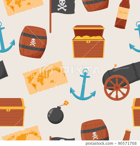 Bundle pirate seamless pattern. Bundle pirate, treasure map, rum, ship wheel, anchor, barrel, bomb 90571708