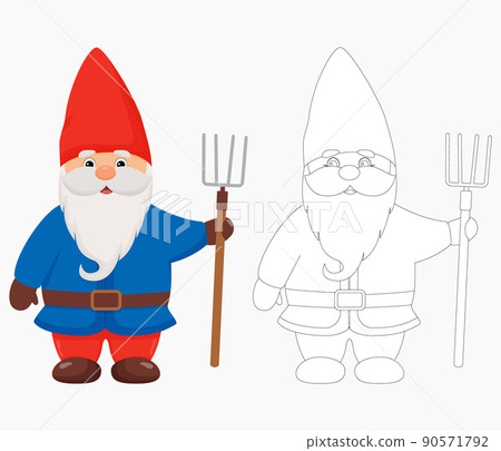 Cute garden gnome with a hayfork in his hands. Gnome in color and outline. 90571792