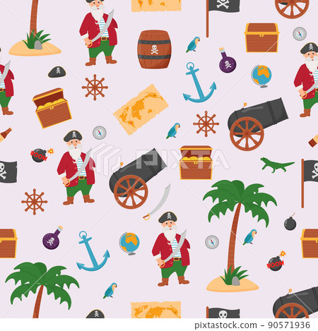 Bundle pirate seamless pattern. Bundle pirate, treasure map, rum, ship wheel, anchor, barrel, bomb 90571936