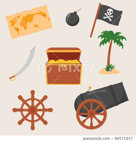 Bundle pirate set isolated on white background. Bundle pirate, treasure map, rum, ship wheel, anchor, barrel, bomb 90571937