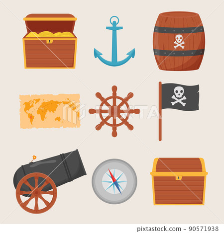 Bundle pirate set isolated on white background. Bundle pirate, treasure map, rum, ship wheel, anchor, barrel, bomb 90571938
