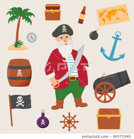 Bundle pirate set isolated on white background. Bundle pirate, treasure map, rum, ship wheel, anchor, barrel, bomb 90571940