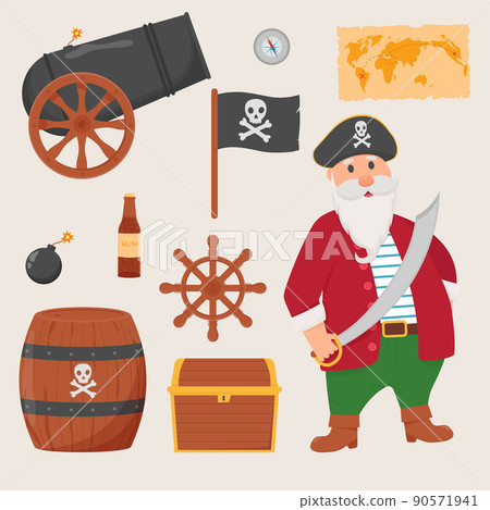 Bundle pirate set isolated on white background. Bundle pirate, treasure map, rum, ship wheel, anchor, barrel, bomb 90571941