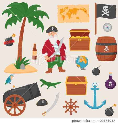 Bundle pirate set isolated on white background. Bundle pirate, treasure map, rum, ship wheel, anchor, barrel, bomb 90571942