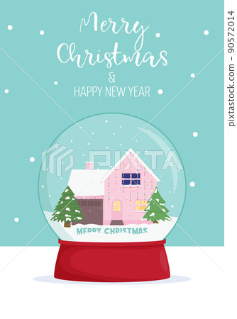 Merry Christmas and new year card. Winter wonderland scenes in a snow globe. Winter card design illustration for greetings, invitation Merry Christmas and new year card. Winter wonderland scenes in a snow globe. Winter card design illustration for greetings, invitation 90572014