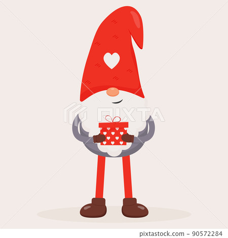 Cute Valentine gnome with a red gift in his hands. Flat vector illustration for St. Valentine's Day gift, card, print, decoration Cute Valentine gnome with a red gift in his hands. Flat vector illustration for St. Valentine's Day gift, card, print, decoration 90572284