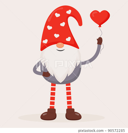 Cute Valentine gnome with a red heart-shaped balloon. Flat vector illustration for St. Valentine's Day gift, card, print, decoration 90572285