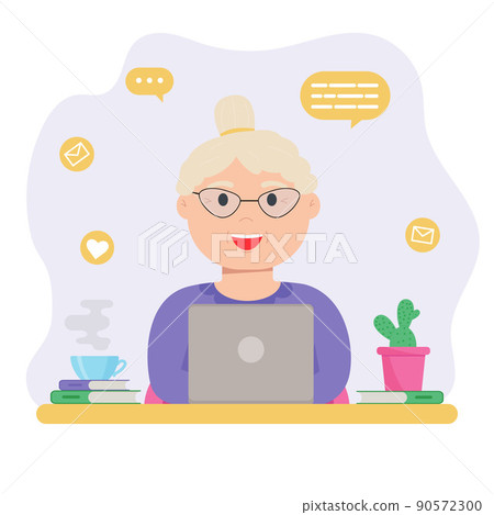 Happy grandma with laptop. Old woman using computer to communicate on the internet Happy grandma with laptop. Old woman using computer to communicate on the internet 90572300
