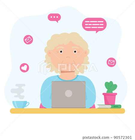 Happy grandma with laptop. Old woman using computer to communicate on the internet Happy grandma with laptop. Old woman using computer to communicate on the internet 90572301