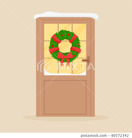 Christmas door with decorations. Winter front door Christmas door with decorations. Winter front door 90572342