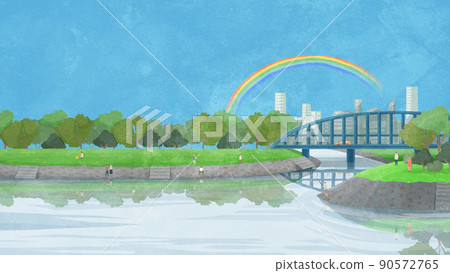 Landscape along the river over the bridge Handwritten watercolor style illustration 90572765