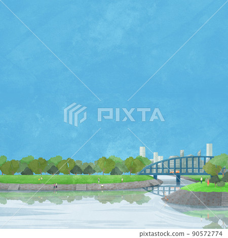 橋上沿河景觀手寫水彩風格插圖 90572774