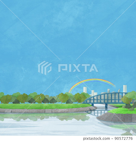 橋上沿河景觀手寫水彩風格插圖 90572776