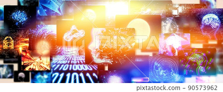 Digital images of technology concepts projected on multiple screens Digital images of technology concepts projected on multiple screens 90573962