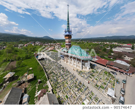 Aerial drone view of The Merry Cemetery in Sapanta, Romania 90574647