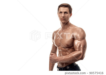 Muscular handsome young man with naked torso. Isolated on white background. Copy space 90575416