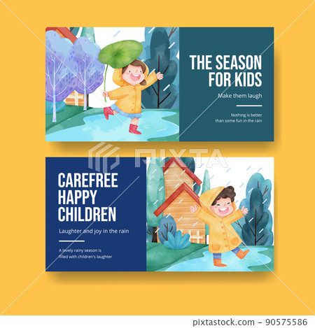 Twitter template with children rainy season concept,watercolor style Twitter template with children rainy season concept,watercolor style 90575586