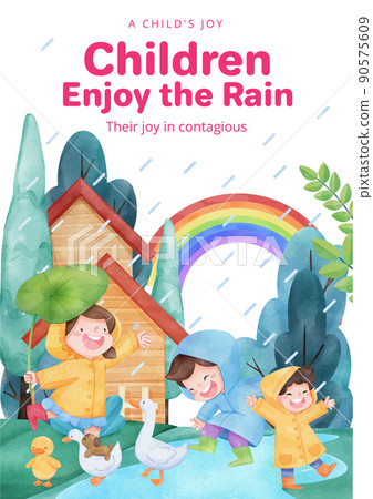 Poster template with children rainy season concept,watercolor style Poster template with children rainy season concept,watercolor style 90575609