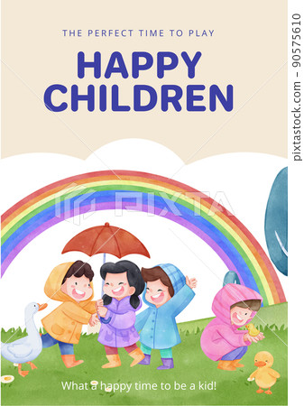 Poster template with children rainy season concept,watercolor style Poster template with children rainy season concept,watercolor style 90575610