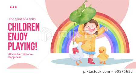 Blog header template with children rainy season concept,watercolor style 90575633