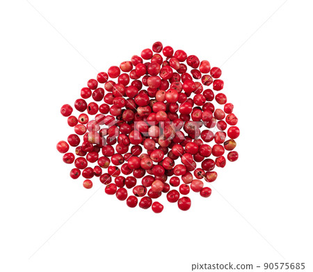 Red peppercorns isolated on white background with copy space for text or images. Spices and herbs. Close-up, top view. Red peppercorns isolated on white background with copy space for text or images. Spices and herbs. Close-up, top view. 90575685