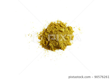 Heap of turmeric. Isolated on white. Empty space for text or inscription. Top view. 90576261