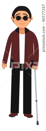 Blind man character. Person in black glasses with walking cane 90577287
