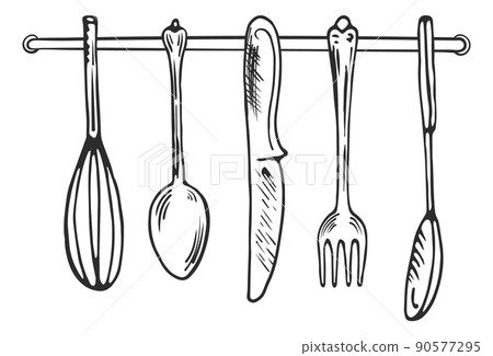 Cutlery hanging on kitchen wall. Kitchenware black sketch Cutlery hanging on kitchen wall. Kitchenware black sketch 90577295