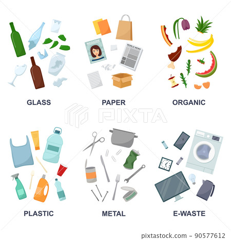 Banners with glass, plastic, paper, organic, metal and e-watse trash, vector illustration 90577612