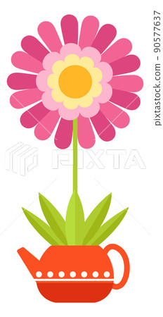 Garden teapot with growing pink flower. Natural plant 90577637