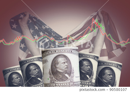 Banknotes with the image of the President in a medical mask and a diagram on the background of the American flag. Copy space. The concept of the financial crisis, and viral pandemics 90580107
