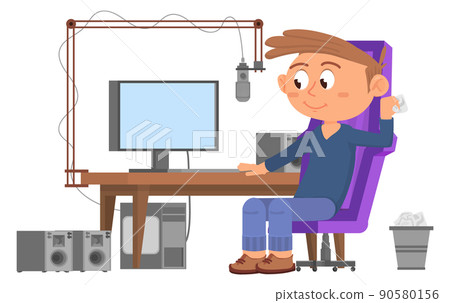 Kid recording podcast. Funny cartoon character sitting at computer desk 90580156