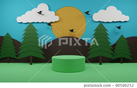 green podium with the forest and mountain background.3d rendering. 90580252